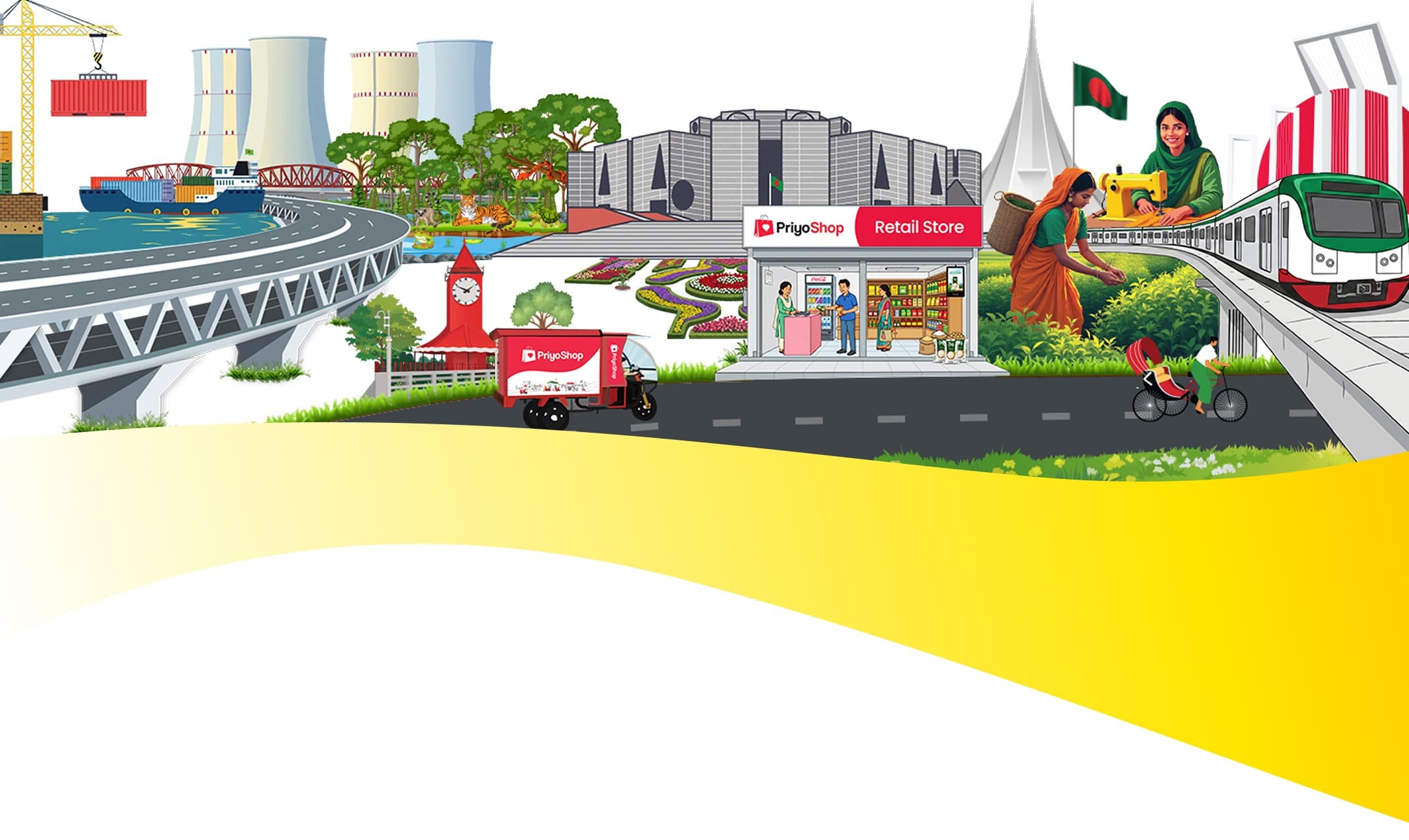Illustration of Bangladesh landmarks, transport and industries